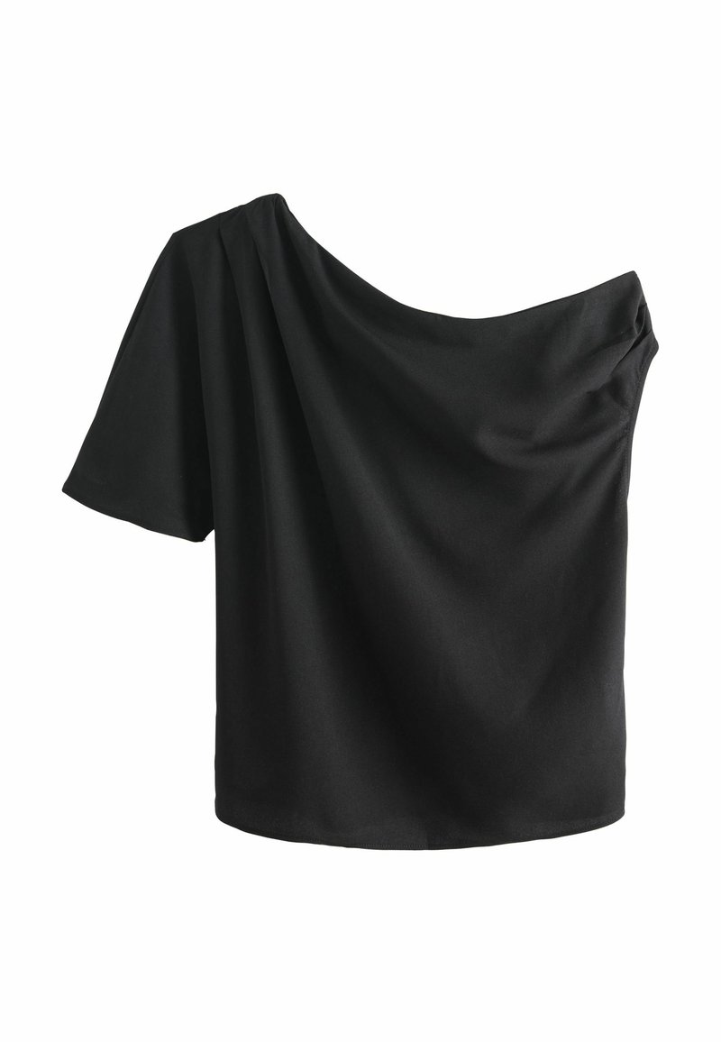Top negru, fără umeri, realizat dintr-un material moale, cu un design drapat, croială lejeră și mâneci scurte. Textură fină, fără modele vizibile.