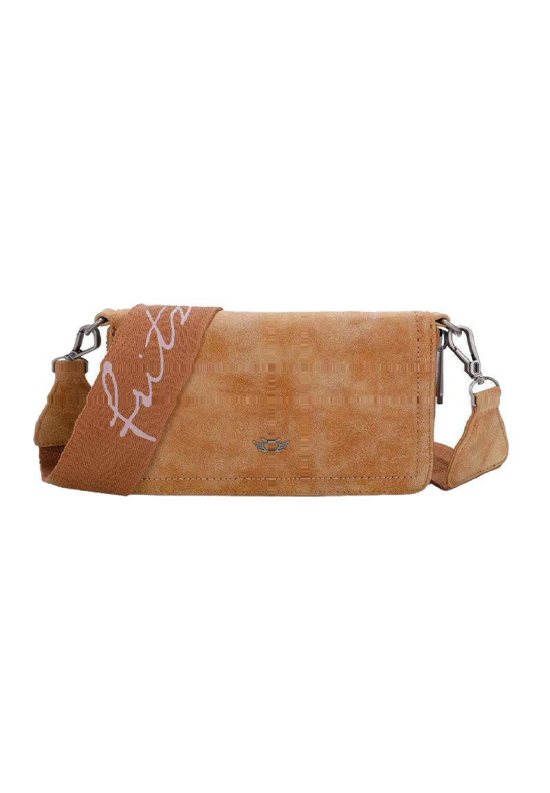 Borsa a tracolla in suede tan con superficie texturizzata, caratterizzata da una tracolla in tessuto removibile con testo "fruitz" e accessori in metallo argentato.