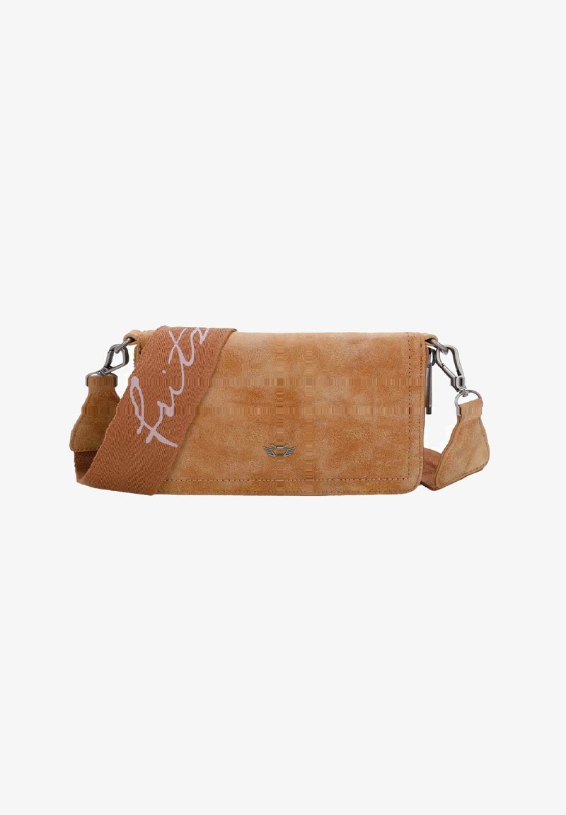 Borsa a tracolla in suede tan con superficie texturizzata, caratterizzata da una tracolla in tessuto removibile con testo "fruitz" e accessori in metallo argentato.