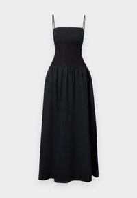 Μαύρο φόρεμα με λεπτές τιράντες και στενή εφαρμογή στο μπούστο. Φουσκωτός, υφασμένος μίνι φόρεμα που φτάνει μέχρι το πάτωμα, με απαλή, ελαφριά ύφανση.