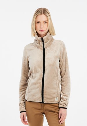 Beige Fleecejacke mit hohem Kragen und schwarzem Reißverschluss. Verfügt über lange Ärmel und Seitentaschen, akzentuiert mit schwarzem Besatz und einem LOGO-Patch.