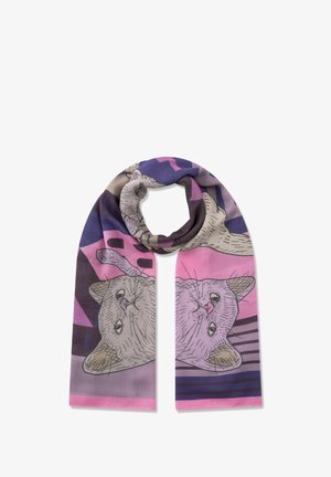 Zijden sjaal met een kattendesign in roze en paarse kleuren, geometrische patronen en omlijnde details; zachte textuur, verlengde vorm.