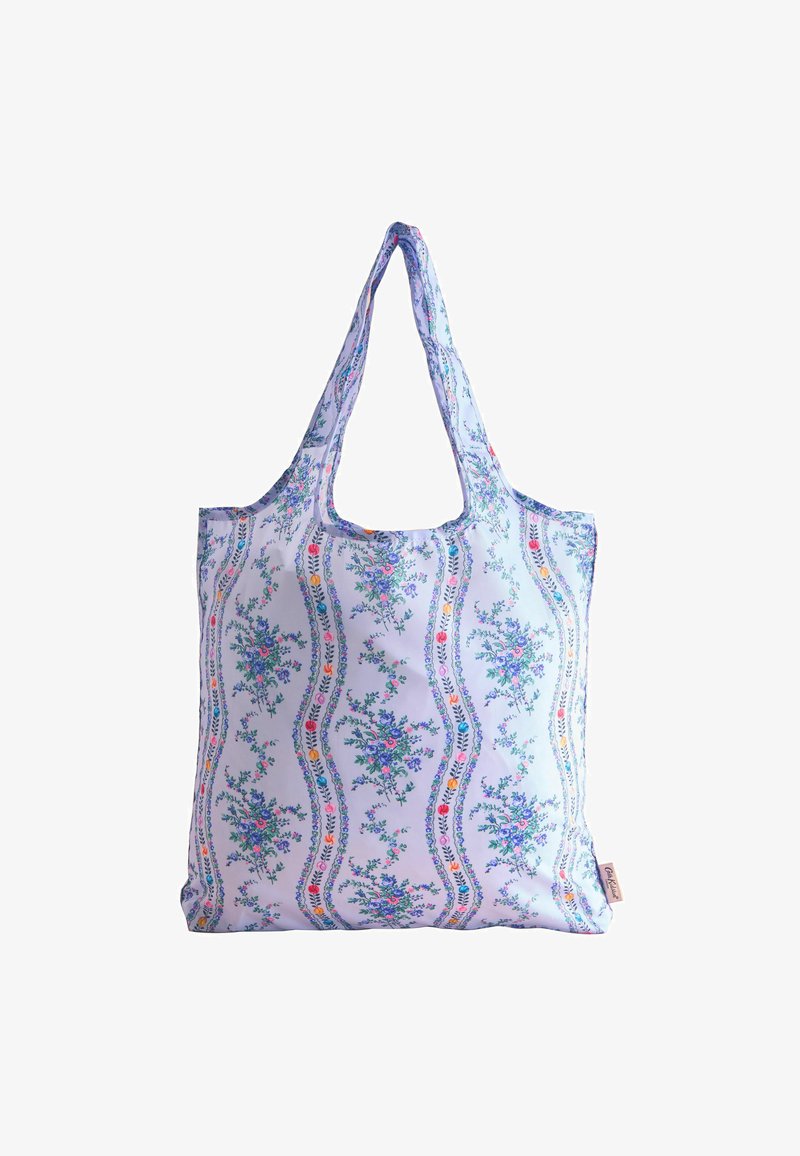 Genanvendelig totebag i lyseblåt stof med blomsterdesign i lilla, pink og orange, med brede forstærkede skulderremme.