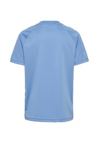 T-shirt de sport bleu clair à manches courtes vu de dos avec un tissu simple, lisse et un design à manches raglan.