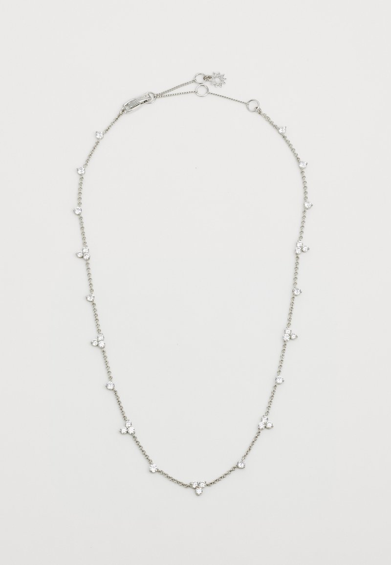 Sidabrinė grandinėlė su išbarstytais skaidriais kristalais, sujungta plona metaline grandinėle, su vėrinio užsegimu ir akcentine pakabuke.