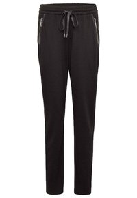 Zwarte joggingbroek met een trekkoord in de taille, twee met rits afgesloten Zijzakken en een taps toelopend beenontwerp in zachte stof.