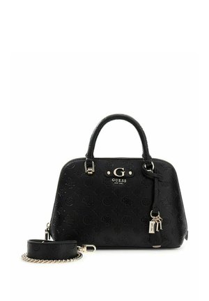 Borsa Guess nera con loghi in rilievo, doppie maniglie superiori, tracolla removibile con catena e ciondolo con logo in metallo sulla parte anteriore.