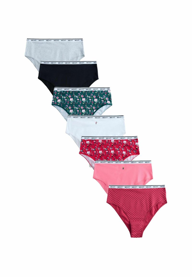 Seven women's briefs in various colors and patterns, each with a white waistband branded "NEXT."