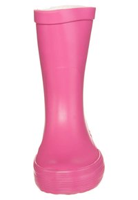 Botte de pluie en caoutchouc rose avec une texture lisse, un haut arrondi et une semelle striée. Intérieur doublé de tissu blanc pour un confort accru.