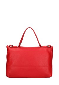 Rode leren handtas met een gestructureerde afwerking, rechthoekige vorm en een enkele handgreep. Bevat zilveren hardware op de bevestigingspunten.