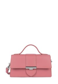 Roze leren handtas met een gestructureerd ontwerp, bovenhandvat en afneembare schouderband. Voorzien van een zilverkleurige sluiting en gestikte details.