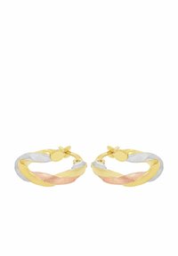 Guld hoopsmycken med tvinnad design som har silver- och roséguldsdetaljer; slät yta med polerad finish; låsning med hävarm.