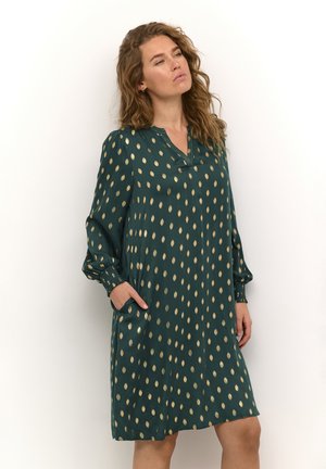 Vestido verde con patrón de puntos dorados, mangas largas y bolsillos. Tejido suave y diseño con escote en V. Detalles de acento en los puños de las mangas.