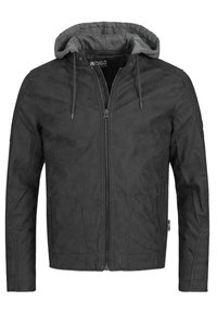Schwarze Jacke mit glatter, strukturierter Oberfläche. Verfügt über eine graue Kapuze, einen Frontreißverschluss und Seitentaschen. Das Design beinhaltet Nahtdetails an den Ärmeln.