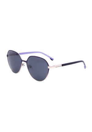 Occhiali da sole Tom Tailor con montatura viola, lenti geometriche scure leggermente oversize e aste sottili, mostrati su sfondo bianco.