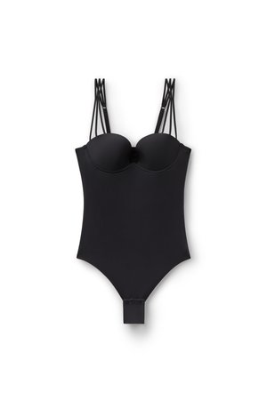 Sort bodystocking med polstrede skåle, justerbare skulderstropper med flere stropper og tryklåse i skridtet.