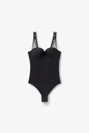 Sort bodystocking med polstrede skåle, justerbare skulderstropper med flere stropper og tryklåse i skridtet.