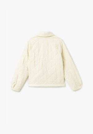 Gestepptes Jackett in hellem Creme mit Kragen, langen Ärmeln und kürzerer Länge mit diagonaler Naht für Textur.