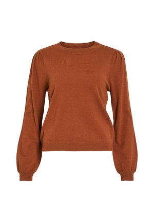 Pull en tricot doux de couleur rouille, avec un col rond, des manches longues bouffantes et un ourlet côtelé, offrant une coupe décontractée sans motif.