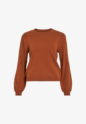 Rostfarbenes Sweater aus weichem Strick, mit rundem Halsausschnitt, langen Puffärmeln und geripptem Saum, bietet eine lockere Passform ohne Muster.