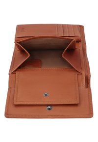 Portefeuille en cuir marron clair ouvert montrant plusieurs emplacements pour cartes, un grand compartiment et une poche à monnaie à bouton-pression.