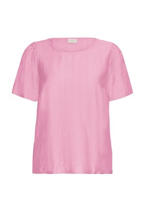 Bluză cu mâneci scurte, decolteu rotund, de culoare roz pal, realizată dintr-un material texturat cu cute subtile și o croială lejeră.