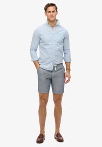 Lichtblauw overhemd met knopen, grijs gestreepte short, bruine instappers. Het shirt heeft een borstzak en opgerolde mouwen. De short heeft een elastische tailleband.