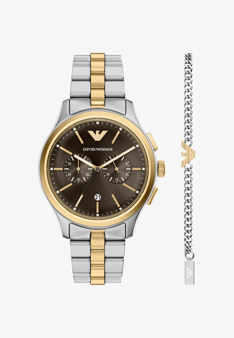 Zweistufige Chronograph-Uhr mit einem silbernen und goldenen Edelstahlarmband, braunem Zifferblatt, goldenen Akzenten und Datumsanzeige bei 6 Uhr. Inkl. Armband.