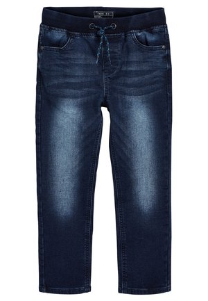 Jean en denim bleu foncé pour enfants avec ceinture élastique et lien de serrage bleu, doté de poches avant et de zones décolorées au niveau des genoux.