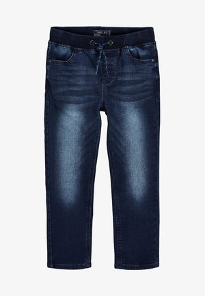 Jean en denim bleu foncé pour enfants avec ceinture élastique et lien de serrage bleu, doté de poches avant et de zones décolorées au niveau des genoux.