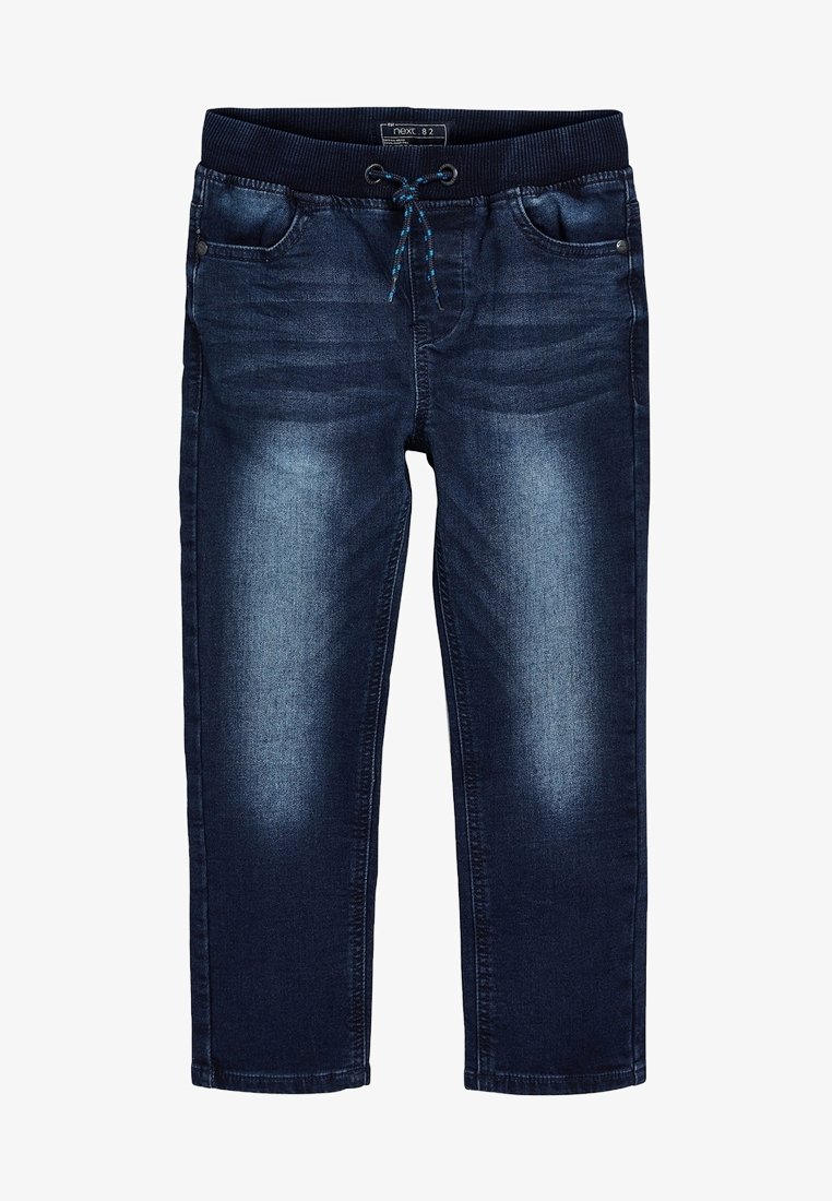 Jean en denim bleu foncé pour enfants avec ceinture élastique et lien de serrage bleu, doté de poches avant et de zones décolorées au niveau des genoux.