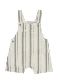 Shorts salopette rayés en beige clair et gris. Confectionnés en tissu doux avec bretelles réglables à boutons et une poche avant.