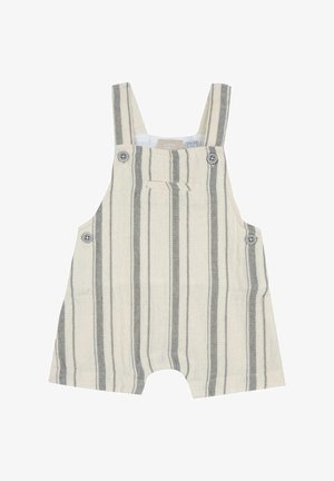 Shorts salopette rayés en beige clair et gris. Confectionnés en tissu doux avec bretelles réglables à boutons et une poche avant.