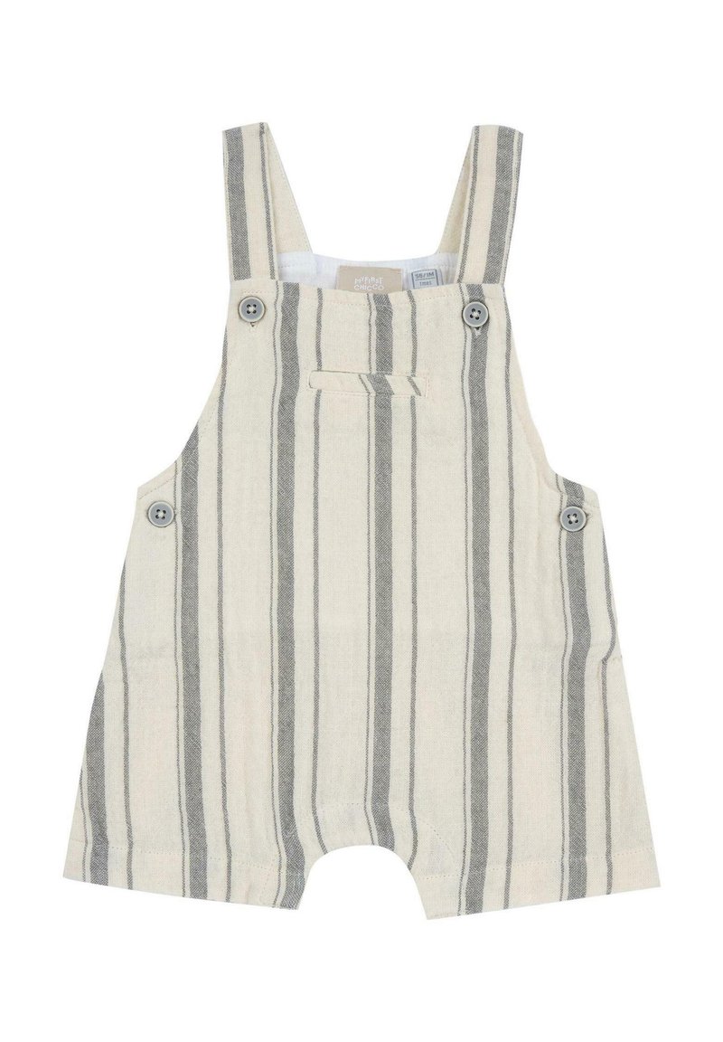 Shorts salopette rayés en beige clair et gris. Confectionnés en tissu doux avec bretelles réglables à boutons et une poche avant.