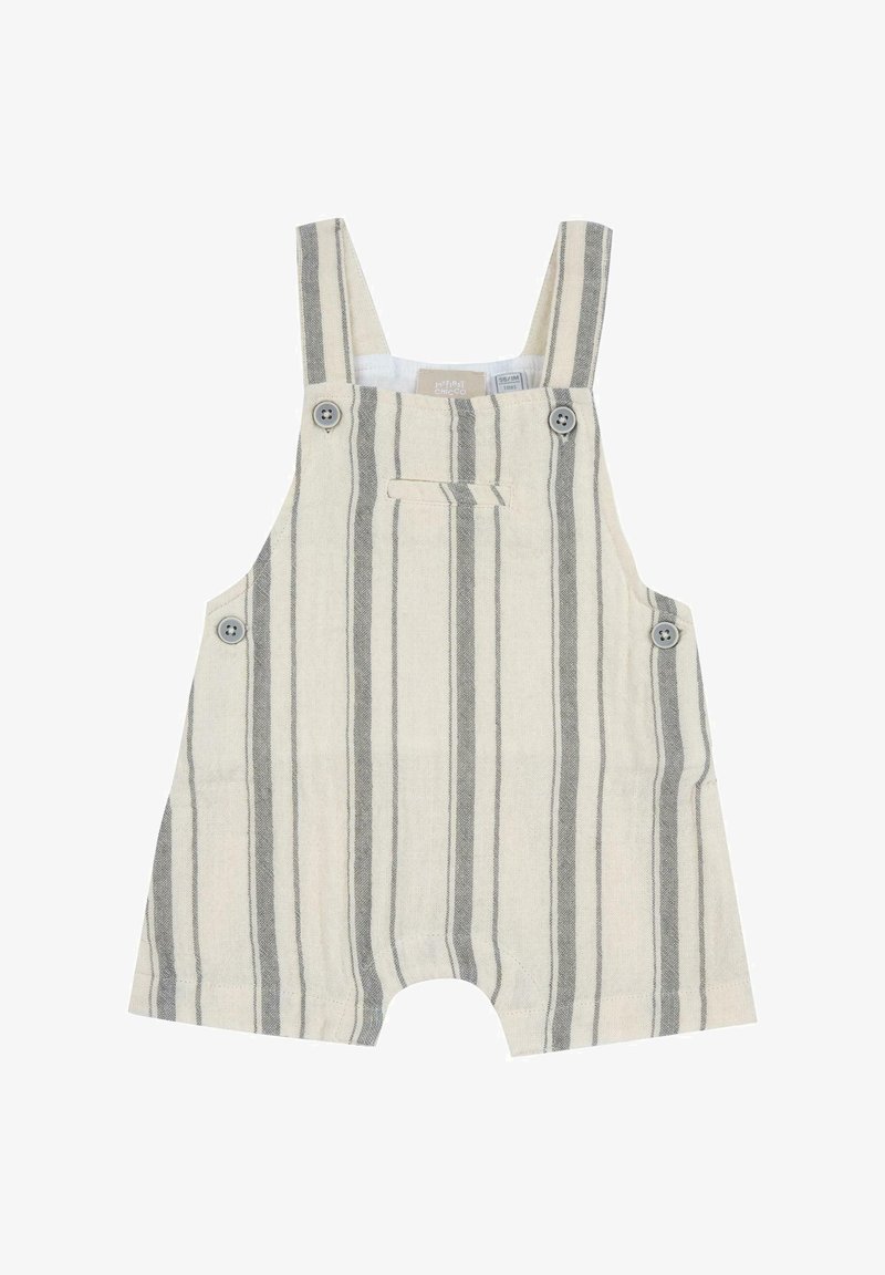 Shorts salopette rayés en beige clair et gris. Confectionnés en tissu doux avec bretelles réglables à boutons et une poche avant.