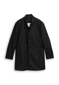 Schwarzer Mantel mit geradem Schnitt, hohem Kragen, vorderer Knopfverschluss, zwei seitlichen Taschen und glatter Textur, geeignet für verschiedene Anlässe.