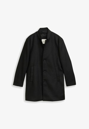Zwarte jas met een rechte snit, hoge kraag, sluiting met knopen aan de voorkant, twee zijzakken en een gladde textuur, geschikt voor verschillende gelegenheden.