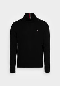 Zwarte coltrui met lange mouwen, ribbelstructuur, voorzien van een klein logo op de borst en een gestreept accent binnen de kraag.