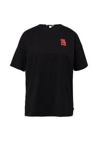 Zwarte katoenen T-shirt met een ontspannen pasvorm, ronde halslijn en korte mouwen. Voorzien van rode tekst "IT'S ALL GOOD" gedrukt op de voorkant.