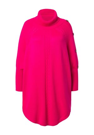 Pull rose vif avec un col roulé haut, design en maille torsadée et boutons sur le côté. Présente des manches trois-quarts et une coupe décontractée.