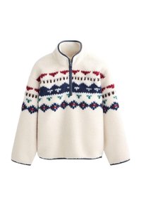 Fleecetröja i creme med halv dragkedja. Har geometriska mönster i rött, marinblått och teal över bröstet. Mjuk, texturerad tyg.