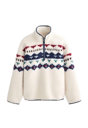 Fleecový pulóver v krémovej farbe s polovičným zipsom. Na hrudi má geometrické vzory v červenej, námorníckej modrej a tyrkysovej farbe. Mäkká, textúrovaná látka.