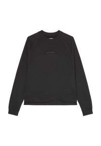 Sudadera negra con cuello redondeado, mangas raglán y un dobladillo ligero. Presenta un pequeño logotipo en el centro. El material parece texturizado.