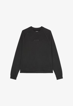 Zwarte sweatshirt met een ronde halslijn, raglanmouwen en een lichte zoom. Kenmerkt zich door een klein logo in het midden. Materiaal lijkt gestructureerd.