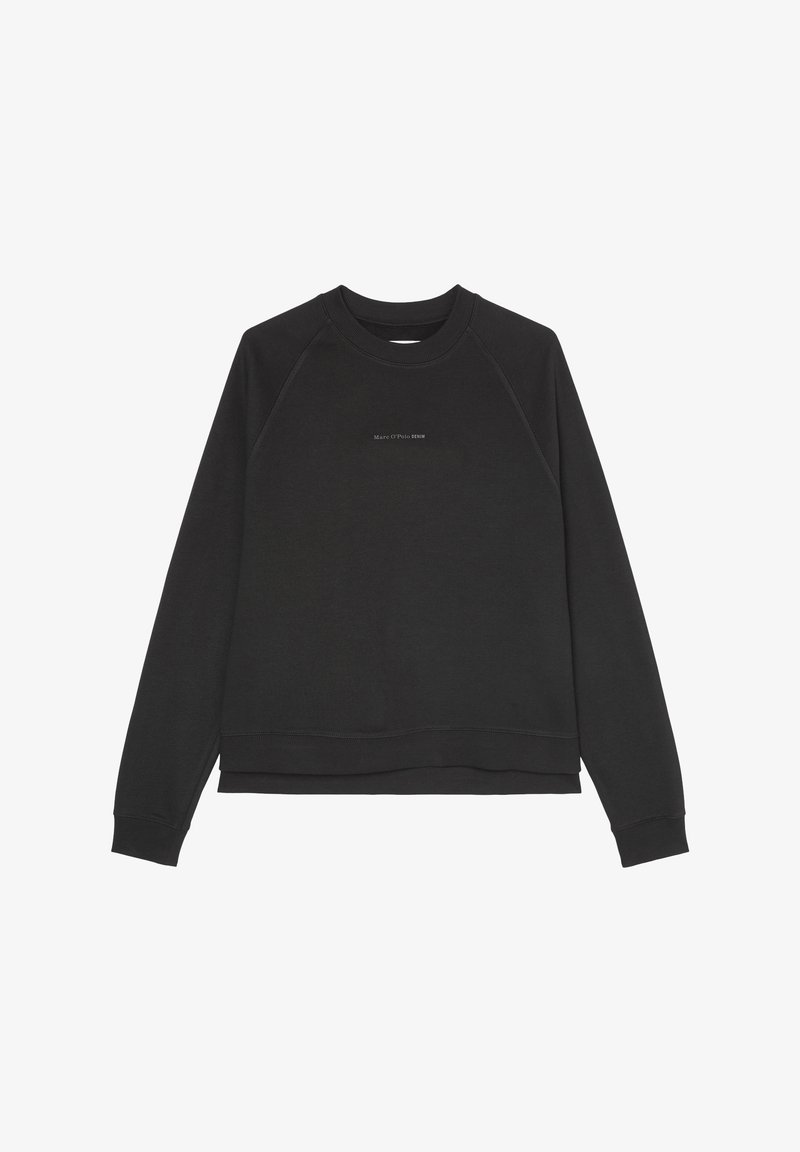 Sudadera negra con cuello redondeado, mangas raglán y un dobladillo ligero. Presenta un pequeño logotipo en el centro. El material parece texturizado.