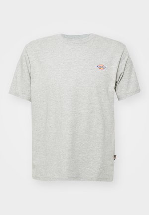Gray cotton t-shirt with a crew neckline, short sleeves, and a small colorful logo on the chest. Soft texture, relaxed fit, and no patterns.