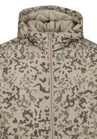 Kameru jaka ar kapuci, ar bēša pamatni, tumši brūnu akcentu un kapu iekšējo oderi. Ar rāvējslēdzēja aizdari un logo izšuvumu.