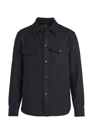 Donker marineblauw wollen overhemdjacket met een button-down kraag, twee borstzakken en een rechte zoom. Bevat glanzende zwarte knopen en een gestructureerde afwerking.