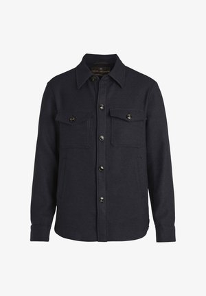 Dunkelblaues Wollhemd-Jackett mit Button-Down-Kragen, zwei Brusttaschen und geradem Saum. Verfügt über glänzende schwarze Knöpfe und eine strukturierte Oberfläche.