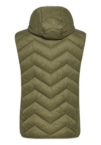 Oliven grøn ærmeløs puffer vest med en chevron kviltet tekstur og hætte. Glat materiale med en let blank finish.